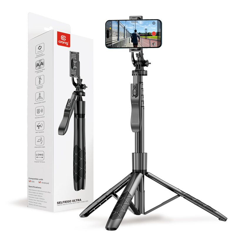 Crong SelfieGo Ultra alumīnija Bluetooth pašbildes nūja un statīvs, melna