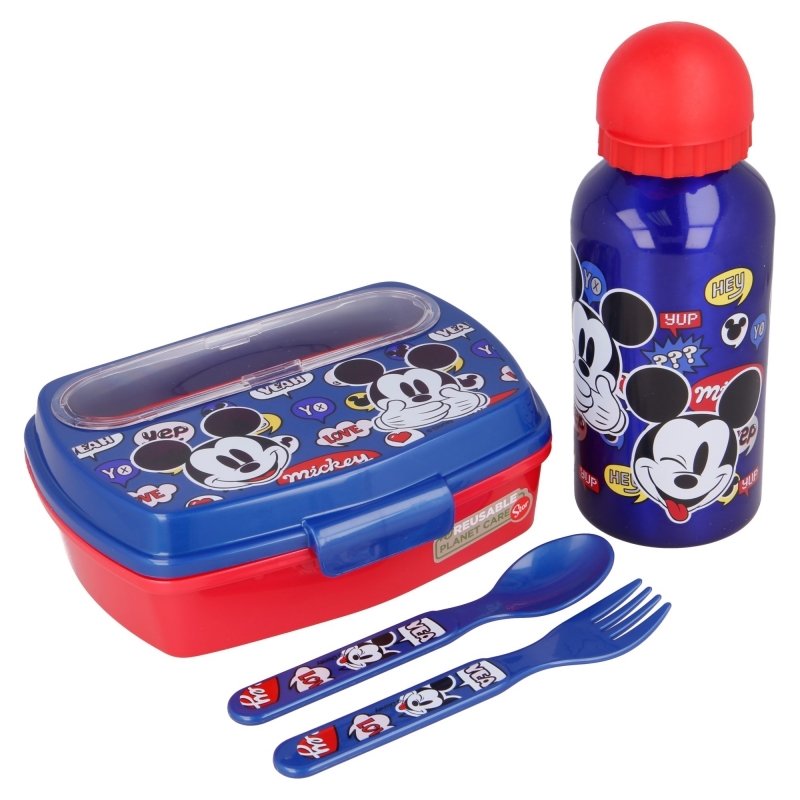 Mickey Mouse pusdienu kārbas komplekts ar 400 ml ūdens pudeli un galda piederumiem