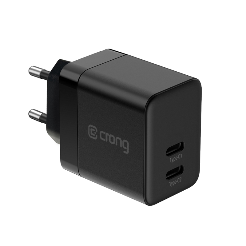 Crong Ultra Compact GaN sienas lādētājs, 2 × USB-C, 35 W, PD 3.0, PPS, melns