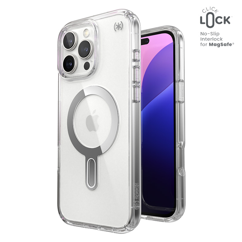 Speck Presidio Perfect-Clear vāciņš ar MagSafe un ClickLock iPhone 16 Pro Max tālrunim, Clear/Chrome