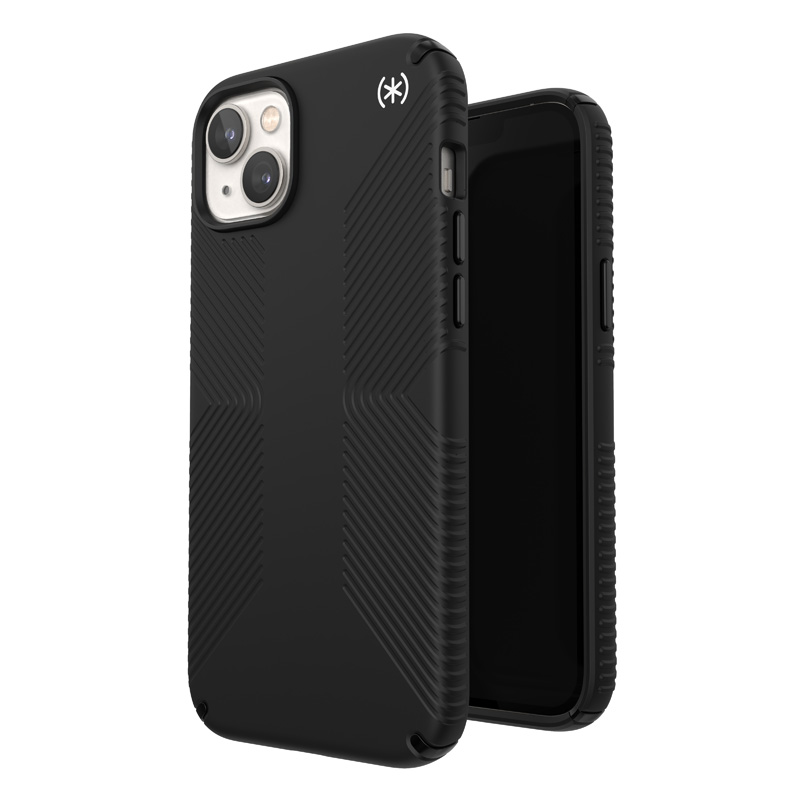 Speck Presidio2 Grip vāciņš ierīcei iPhone 15 Plus / 14 Plus, ar neslīdošu satvērienu, “Black / Black / White” krāsu kombinācija
