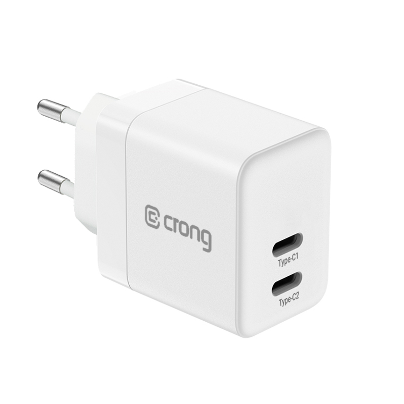 Crong Ultra Compact GaN sienas lādētājs, 2 × USB-C, 35 W, PD 3.0, PPS, balts