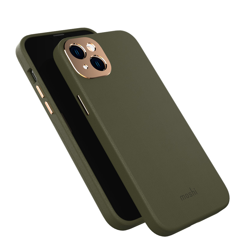 Moshi Napa vāciņš ierīcei iPhone 14 Plus, saderīgs ar MagSafe, no vegānās ādas, “Juniper Green” krāsā