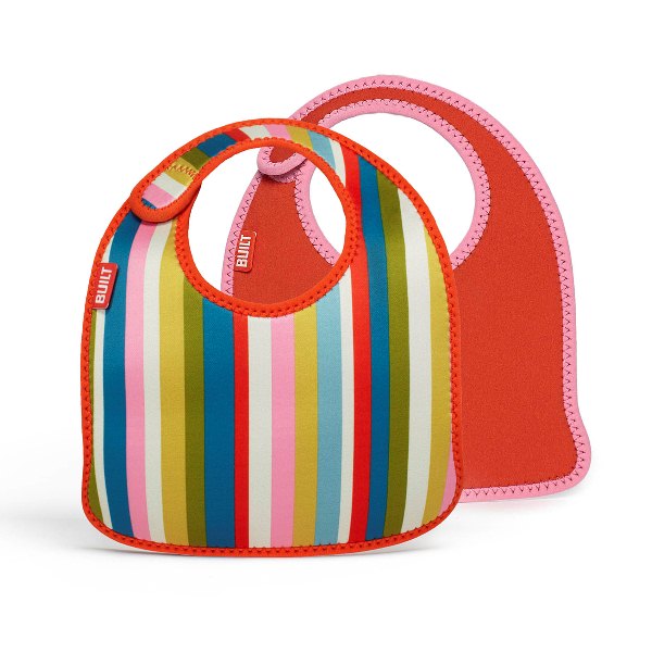 BUILT Mess Mate neoprene toddler bibs, set of 2, Baby Pink Stripe