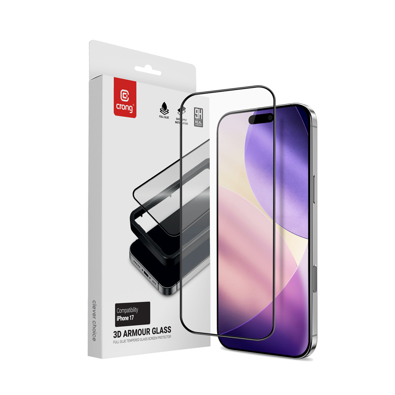 Crong 3D Armor Glass rūdīta stikla ekrāna aizsargs iPhone 17 ar uzstādīšanas rāmi