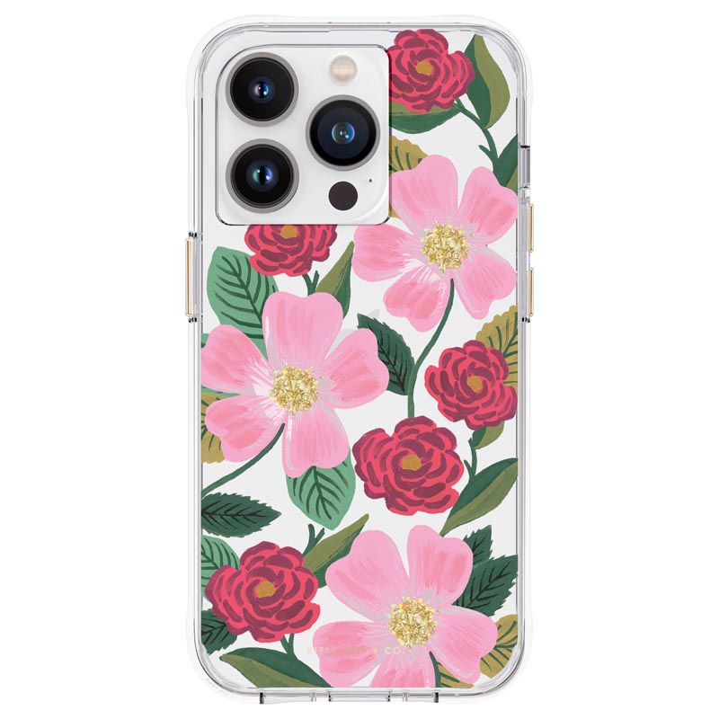 Rifle Paper Clear vāciņš ierīcei iPhone 14 Pro, ar zelta krāsas rotājumu, ar “Rose Garden” rakstu