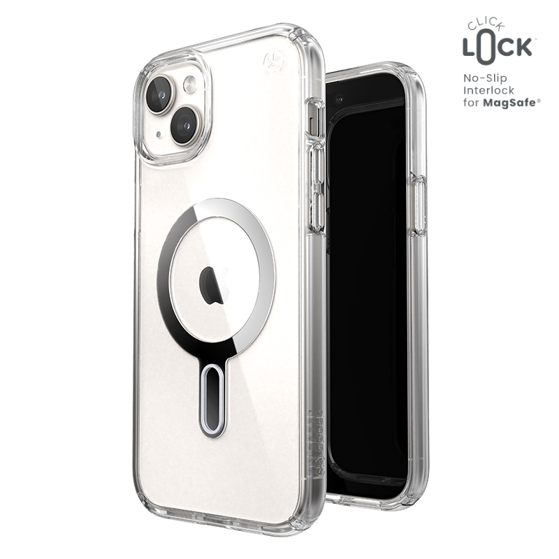 Speck Presidio Perfect-Clear MagSafe vāciņš ar ClickLock ierīcei iPhone 15 Plus / 14 Plus, caurspīdīgs ar hroma krāsas gredzenu