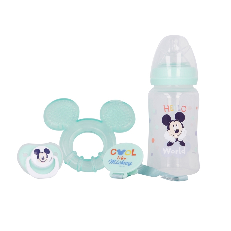 Mickey Mouse Cool zīdaiņa komplekts: 240 ml pudelīte ar knupīti, anatomisks māneklītis, zobgrauznis un māneklīša turētājs