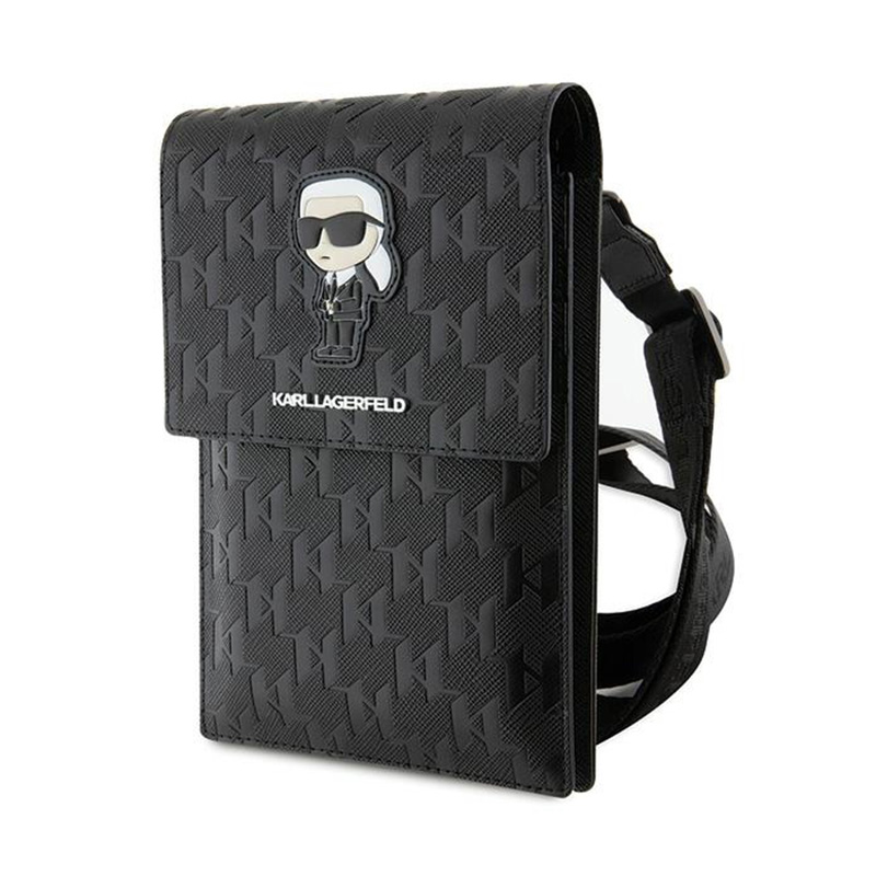 Karl Lagerfeld Saffiano Monogram Ikonik plecu soma viedtālrunim, melna