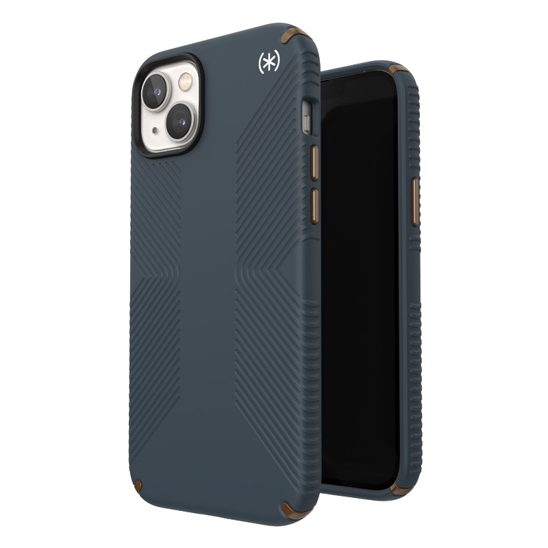 Speck Presidio2 Grip vāciņš ierīcei iPhone 15 Plus / 14 Plus, ar neslīdošu satvērienu, “Charcoal / Cool Bronze / Slate” krāsu kombinācija