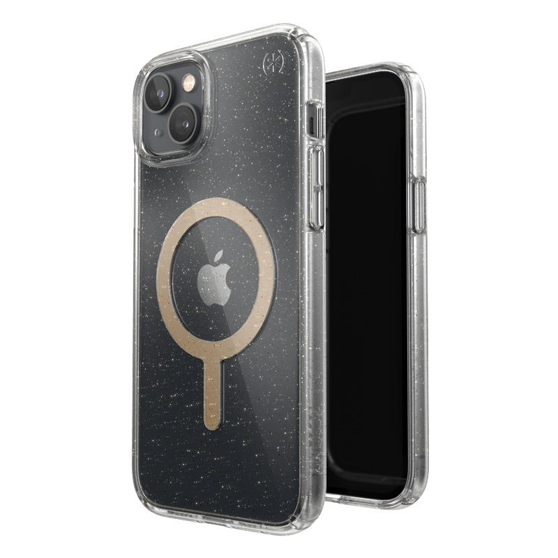 Speck Presidio Perfect-Clear with Glitter + MagSafe vāciņš ierīcei iPhone 15 Plus / 14 Plus, ar Microban pretmikrobu aizsardzību, “Clear / Gold Glitter” krāsu kombinācija