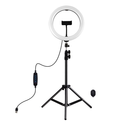 LED gredzenveida lampa 26cm ar galda statīvu līdz 1.1m, tālruņa turētāju un USB