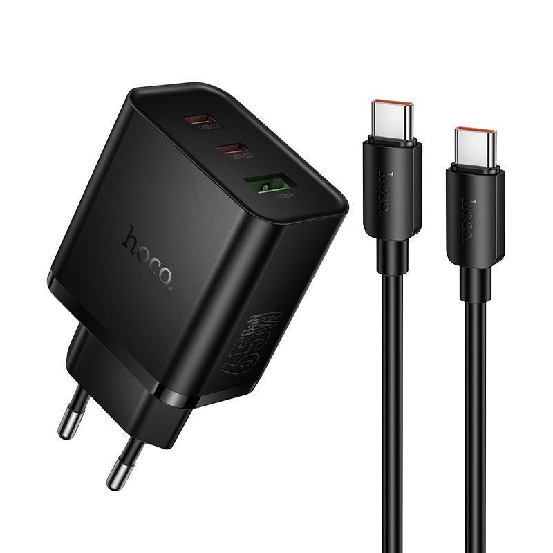 tālruņa lādētājs Hoco 2x USB C + USB A QC3.0 PD 3A 65W + datu kabelis USB C to USB C N75 melns