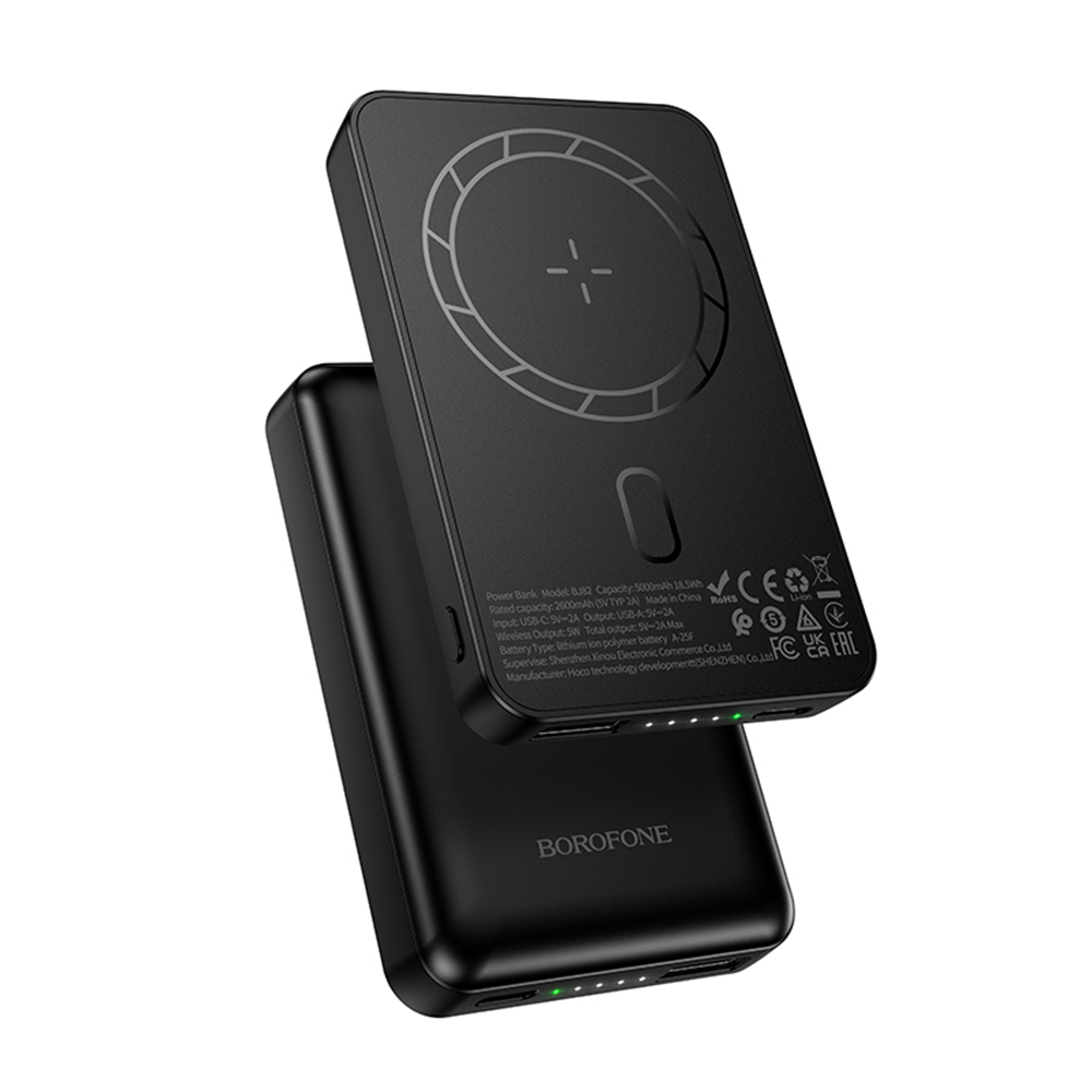 Borofone 5000mAh portatīvais lādētājs BJ82 Dawn – USB – magnētisks, ar indukcijas uzlādi, melns