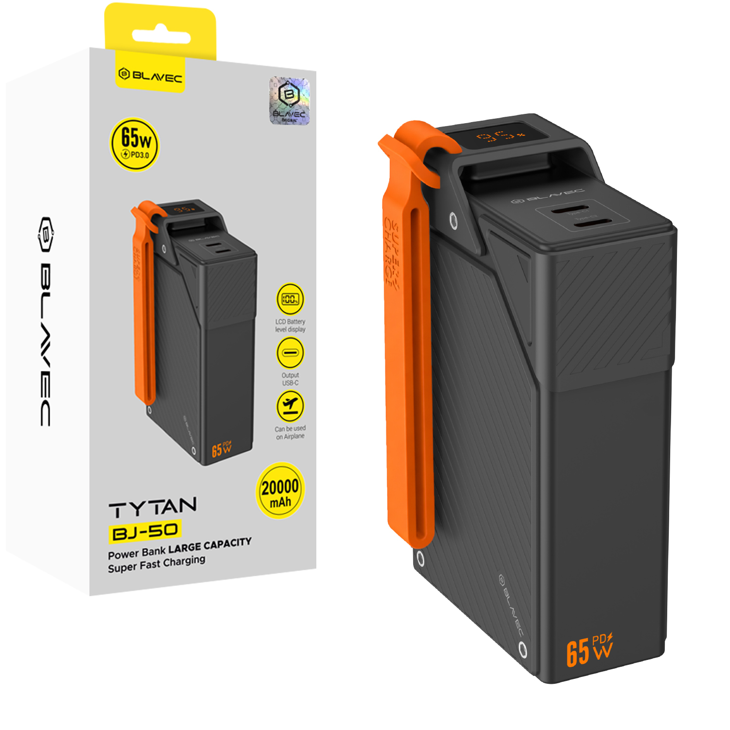 Blavec BJ-50 Tytan ārējais akumulators, 20 000 mAh, 65 W, 2× USB-C (PBBJ50A), melns