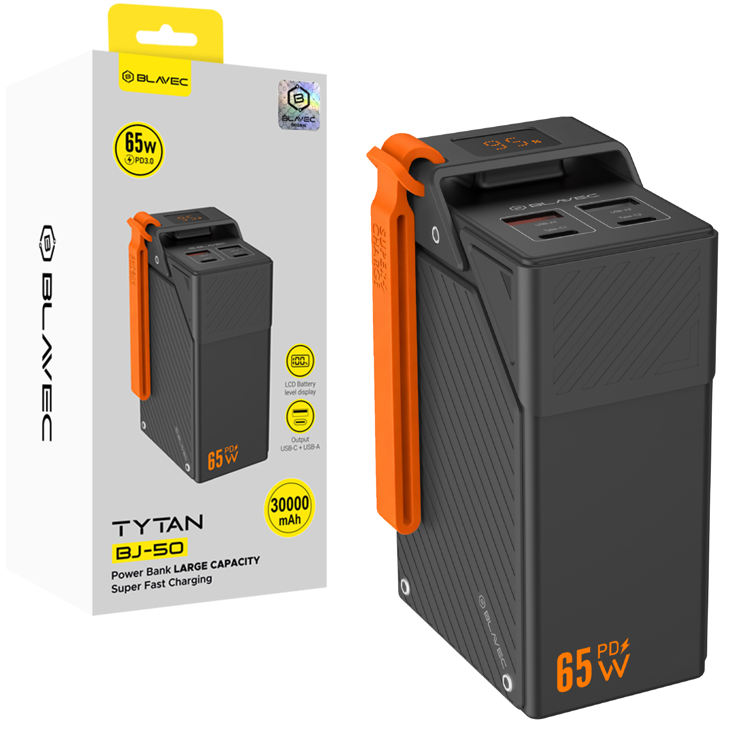 Blavec BJ-50 Tytan ārējais akumulators, 30 000 mAh, 65 W, 2× USB-C + 2× USB-A (PBBJ50B), melns