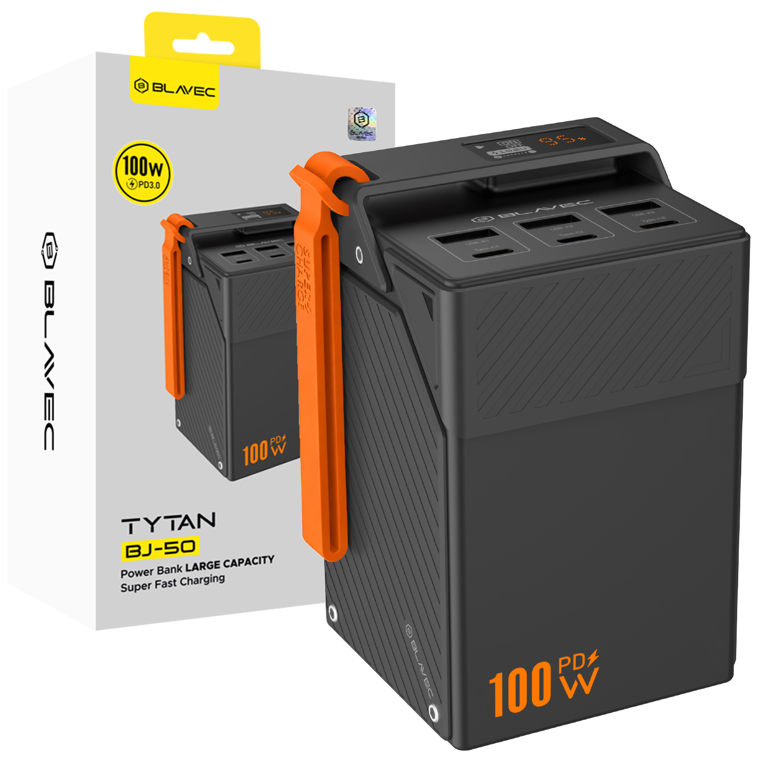 Blavec BJ-50 Tytan ārējais akumulators, 50 000 mAh, 100 W, 3× USB-C + 3× USB-A (PBBJ50C), melns