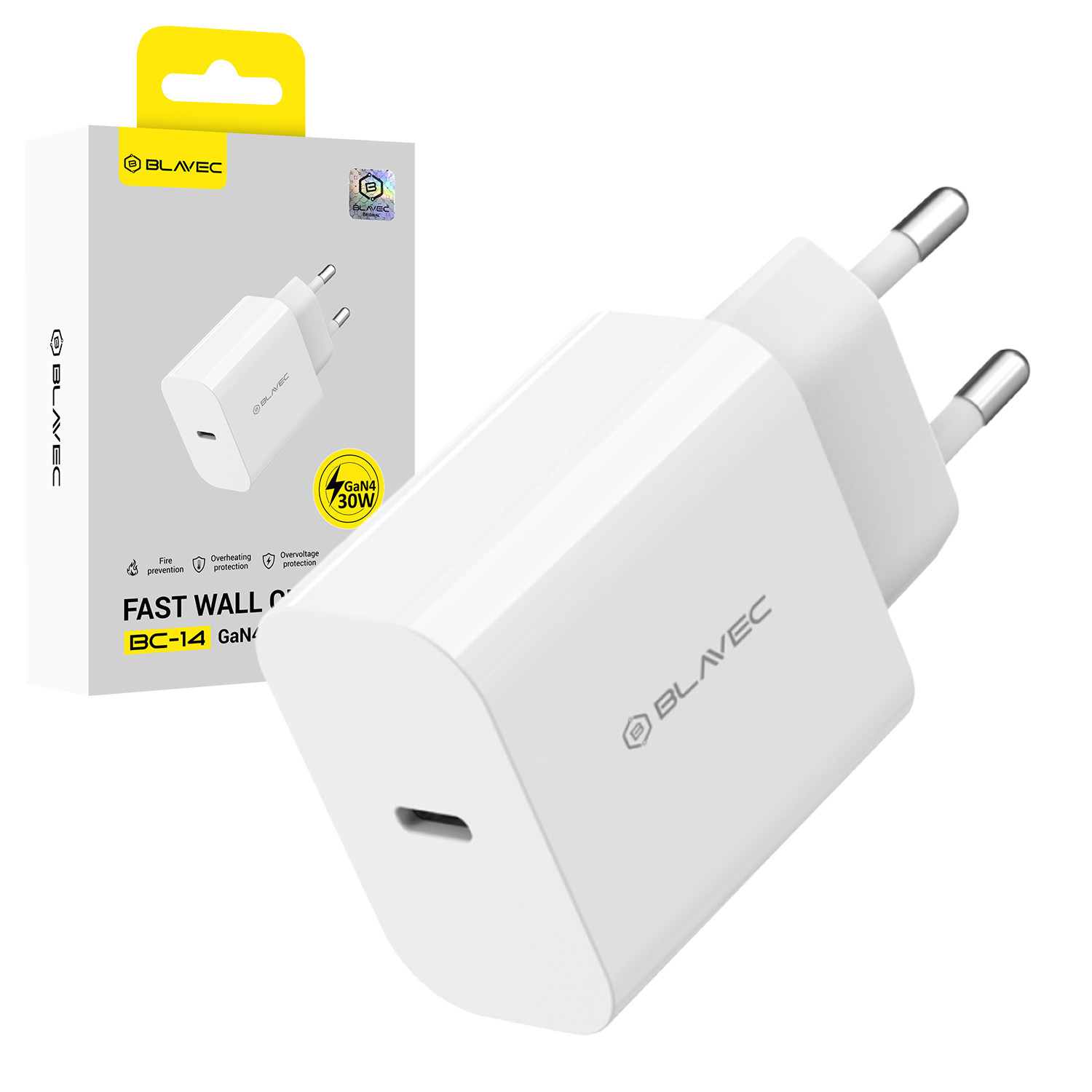 Blavec BC-14 GaN4 30 W USB-C PD/QC strāvas adapteris, 3 A, balts