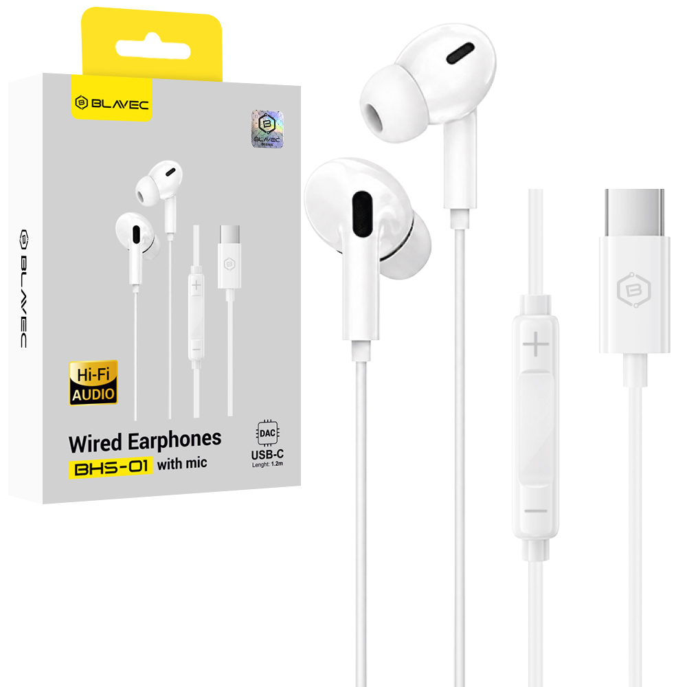 Blavec BHS-01 USB-C ausīs ievietojamās austiņas ar mikrofonu un DAC (BHS01-W), baltas