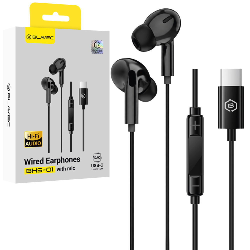 Blavec BHS-01 USB-C ausīs ievietojamās austiņas ar mikrofonu un DAC (BHS01-B), melnas