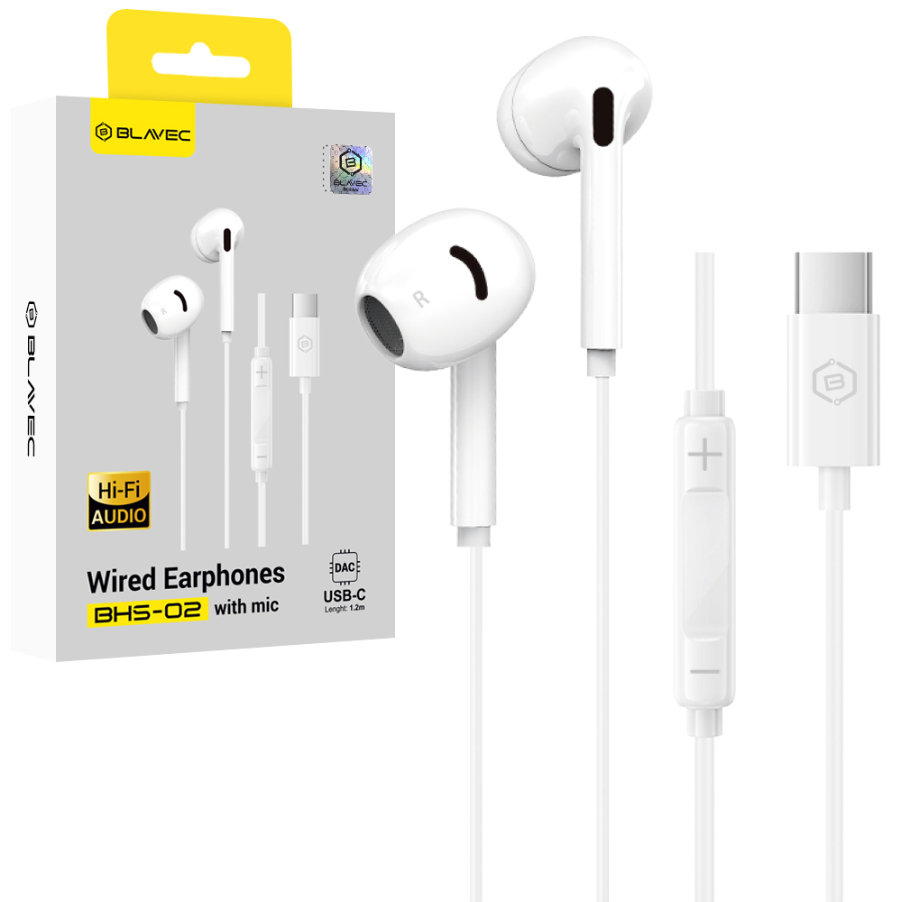 Blavec BHS-02 USB-C austiņas bez silikona uzgaļiem, ar mikrofonu un DAC (BHS02-W), baltas