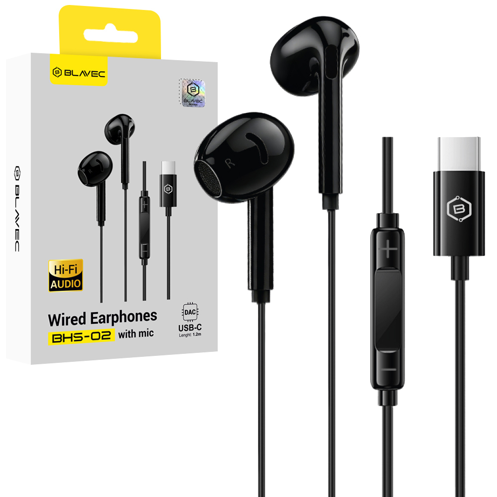 Blavec BHS-02 USB-C austiņas bez silikona uzgaļiem, ar mikrofonu un DAC (BHS02-B), melnas