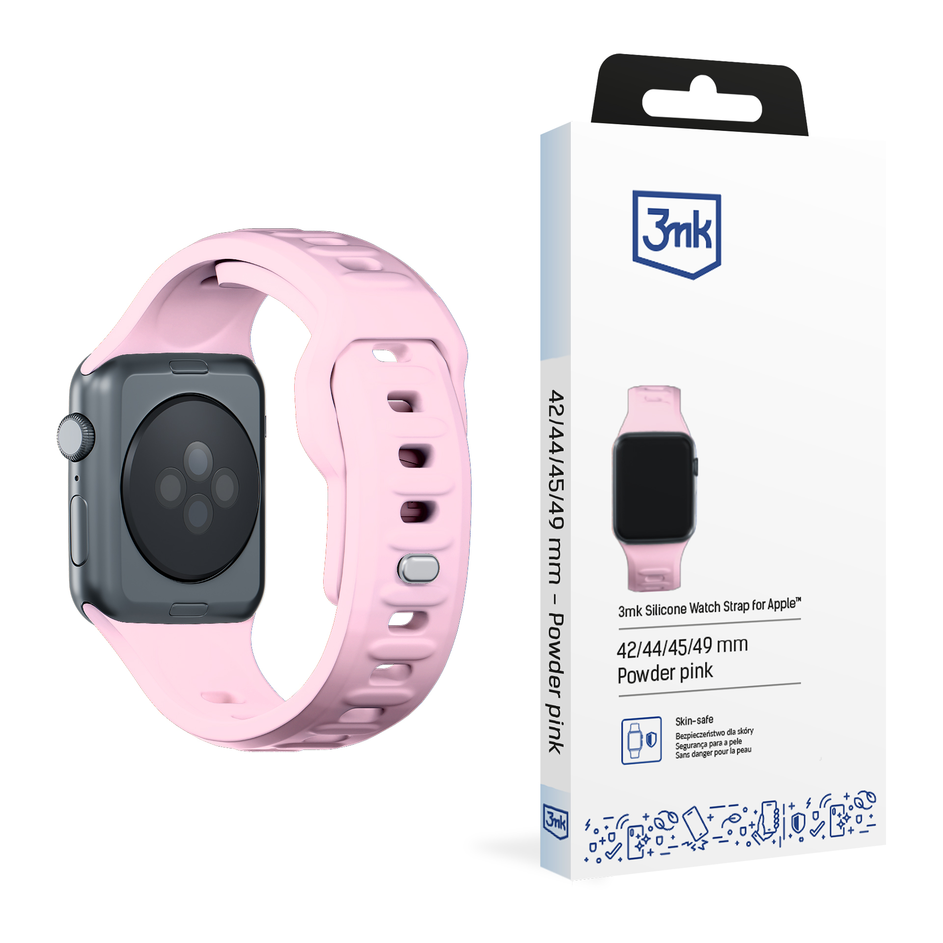 3mk silikona siksniņa Apple Watch, 42/44/45/46/49 mm, pūderrozā, lielais izmērs