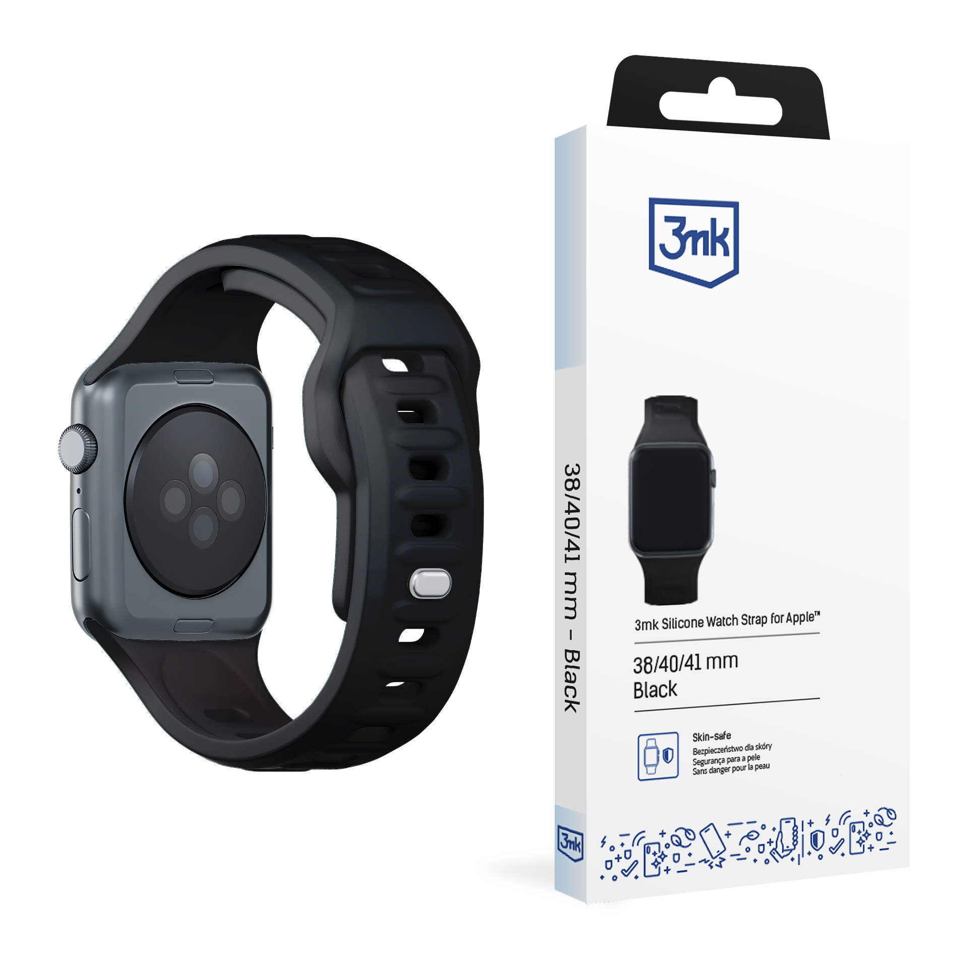 3mk silikona siksniņa Apple Watch, 38/40/41/42 mm, melns, mazais izmērs