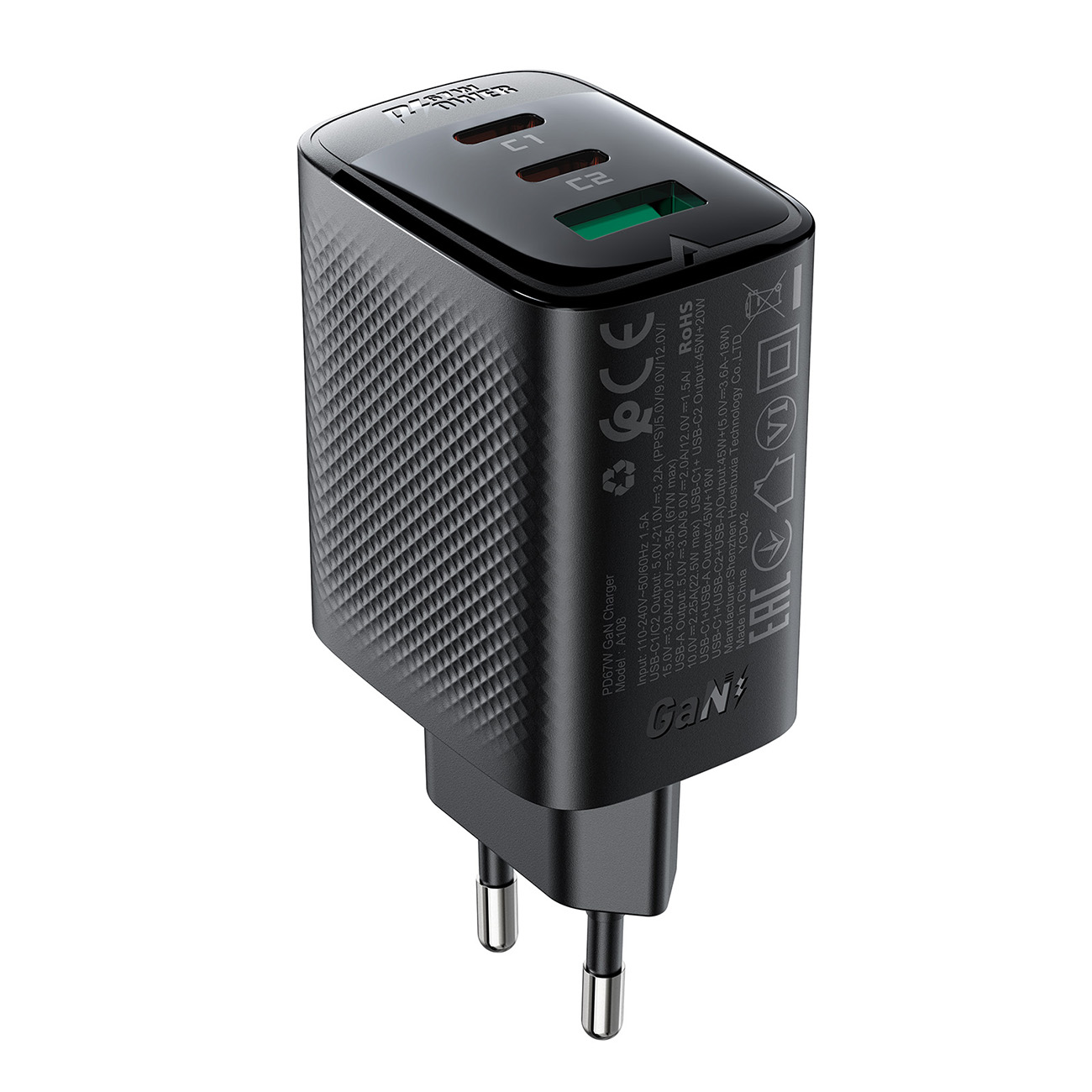 Acefast A108 GaN PD sienas lādētājs, 67 W, 2 × USB-C, 1 × USB-A, melns