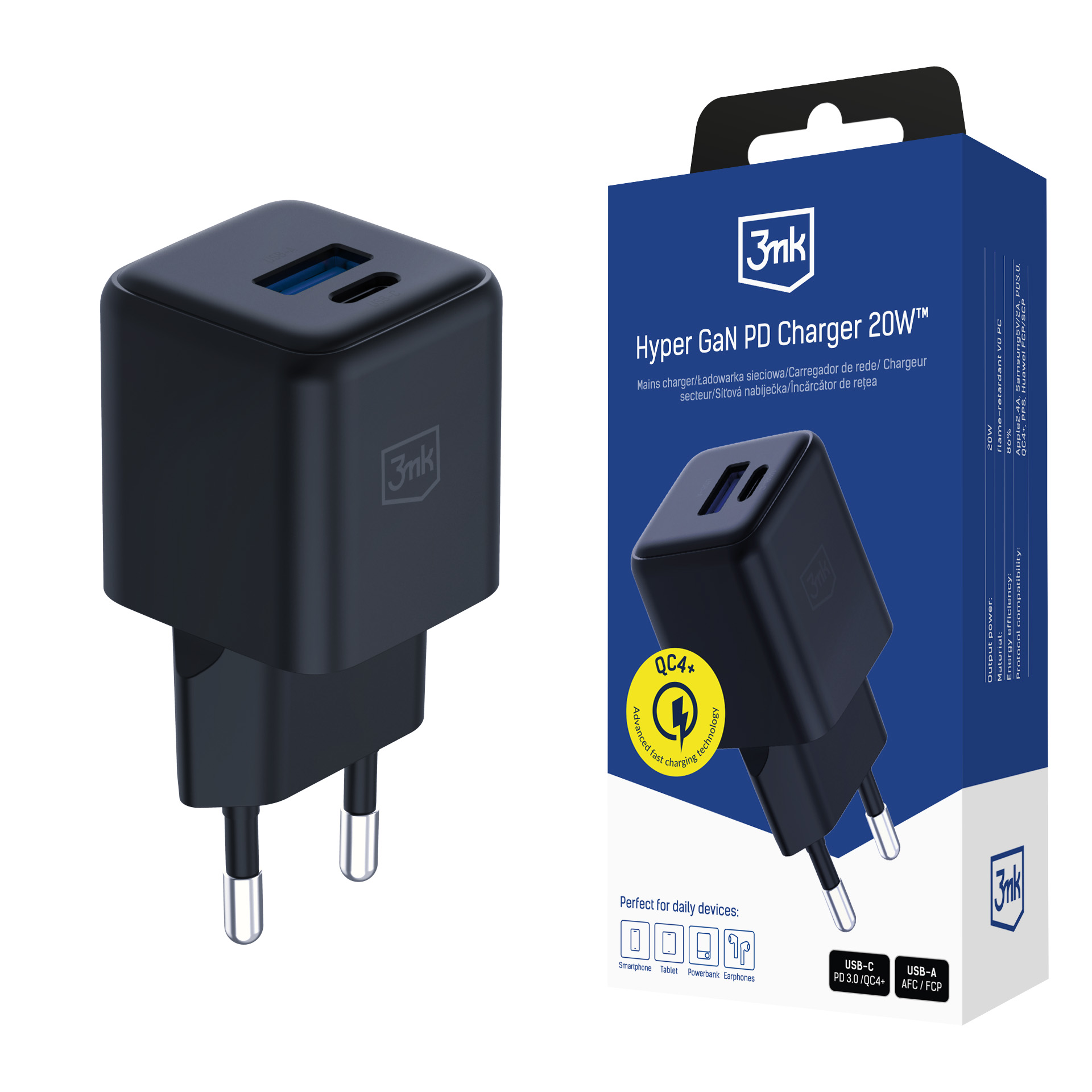 Melns 3mk Hyper GaN tīkla lādētājs, 20 W, QC4+/PD/PPS, USB 1A1C, ES