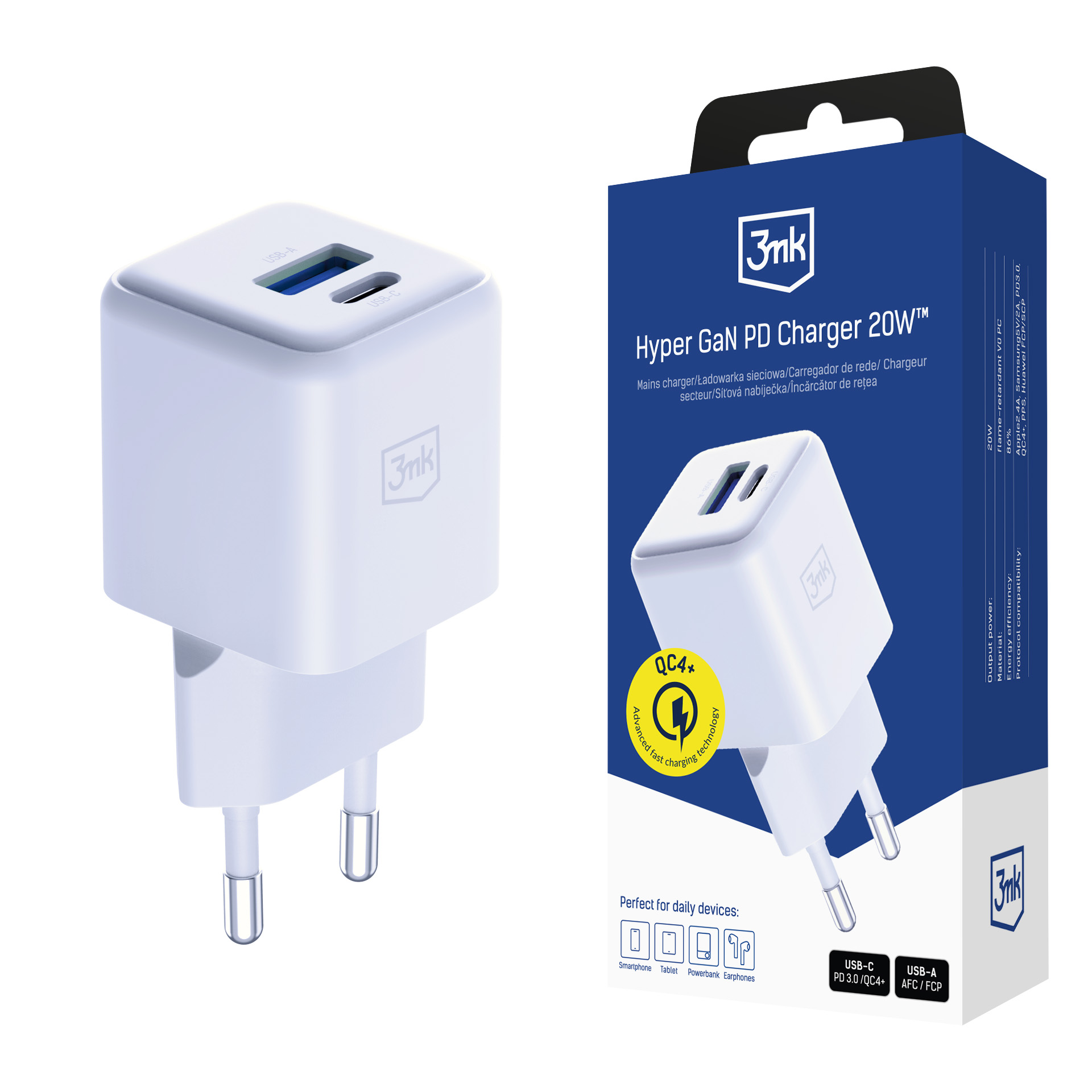 Balts 3mk Hyper GaN tīkla lādētājs, 20 W, QC4+/PD/PPS, USB 1A1C, ES