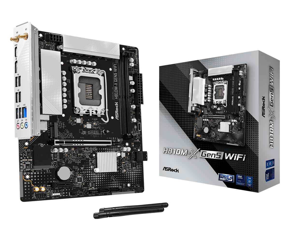 ASROCK Intel H810 LGA 1851 (Socket V1) micro ATX RAM DDR5-SDRAM 2xSlots Wi-Fi Yes Bluetooth Yes 1xNumber of M.2 (M) slots H810M-XGEN5 (Mainboard)