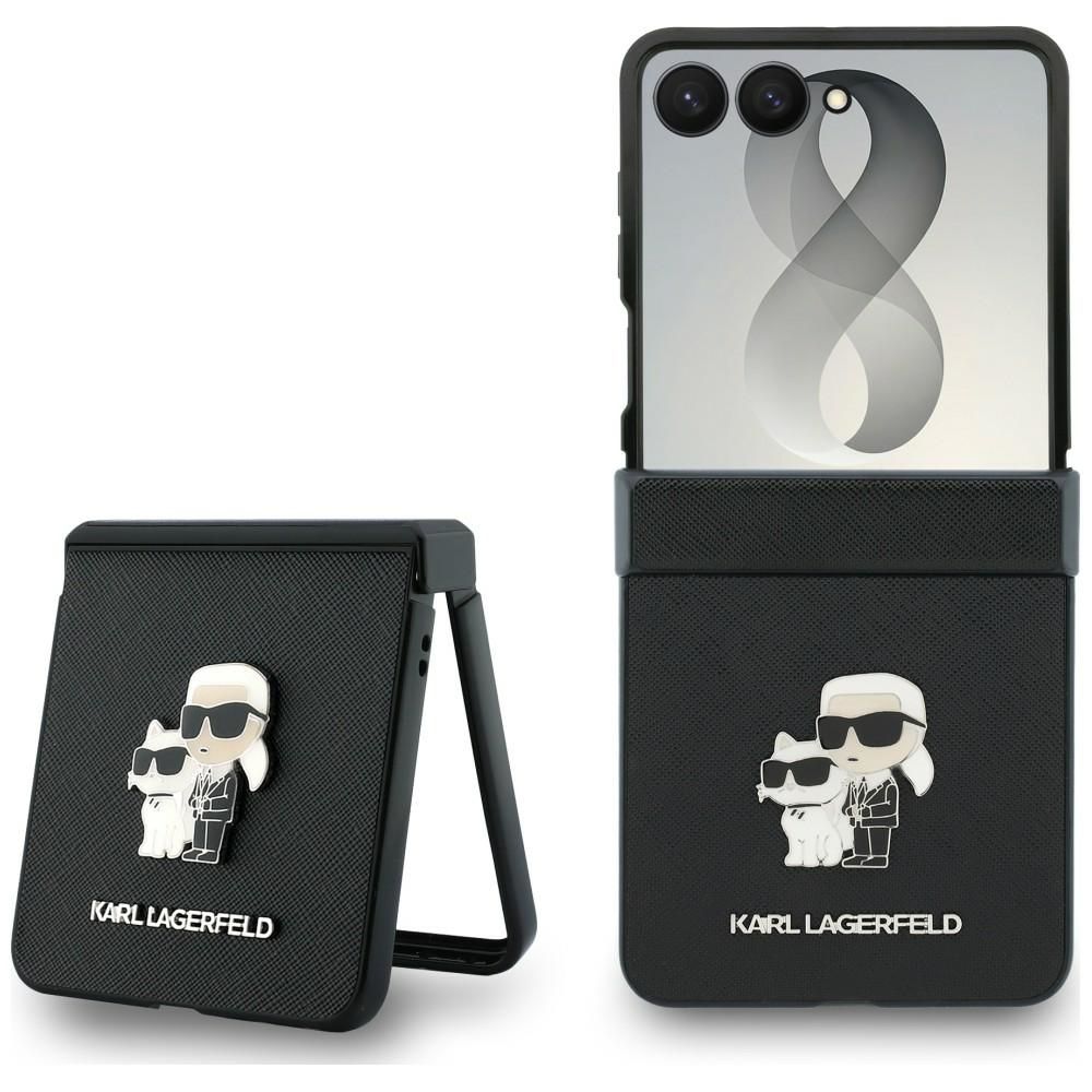 Melns Karl Lagerfeld Saffiano Karl & Choupette Pin vāciņš Samsung Galaxy Z Flip8 tālrunim