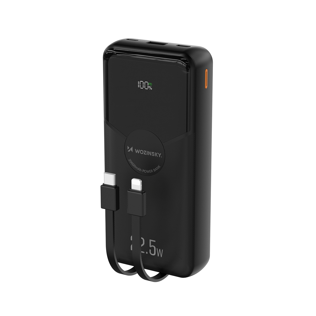 Wozinsky WFC-15B 20000mAh 22.5W ārējais akumulators, PD20W, iebūvēti Lightning un USB-C kabeļi, melns