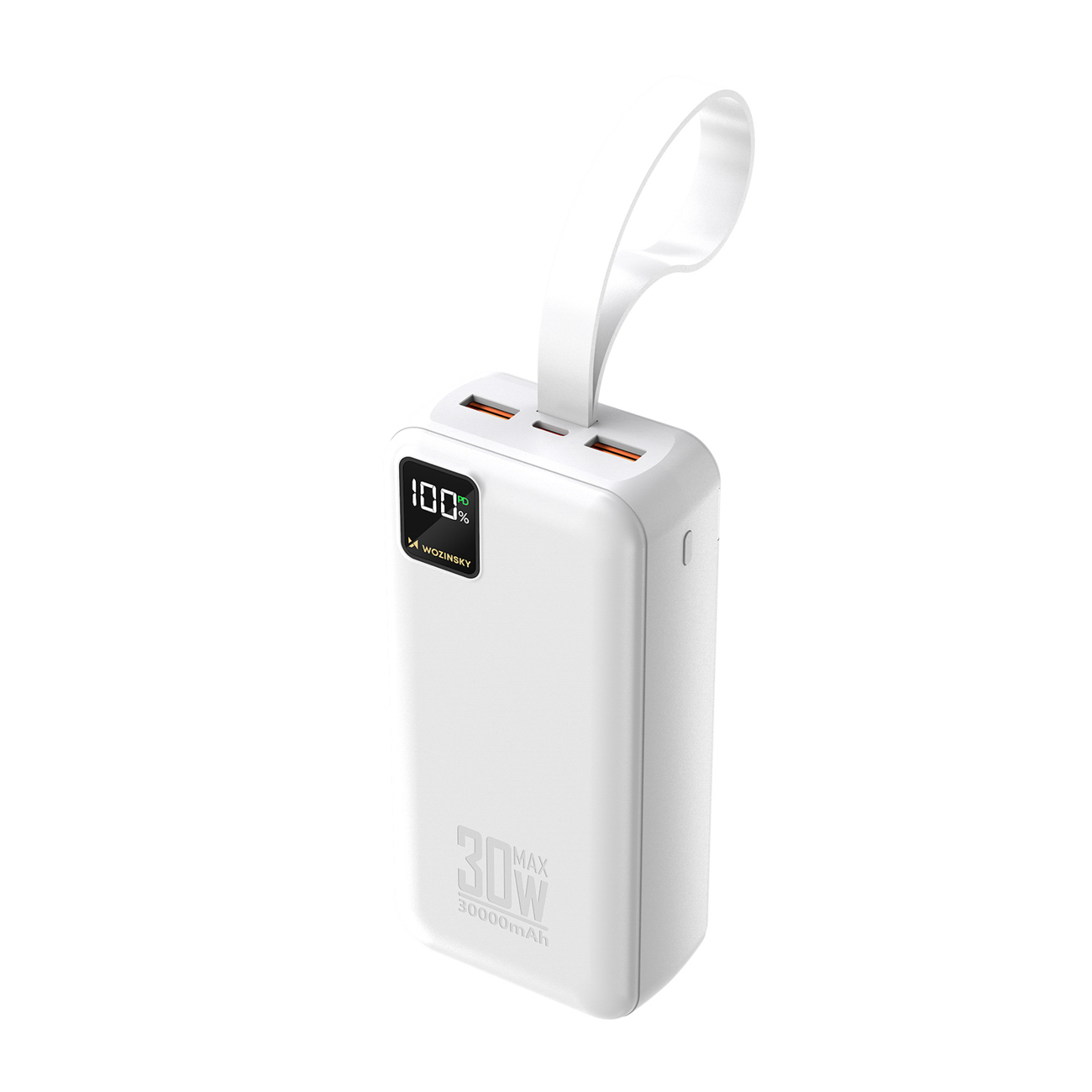 Wozinsky W8-W 30000mAh 30W ārējais akumulators, 2x USB-A, USB-C, ar lukturīti, balts
