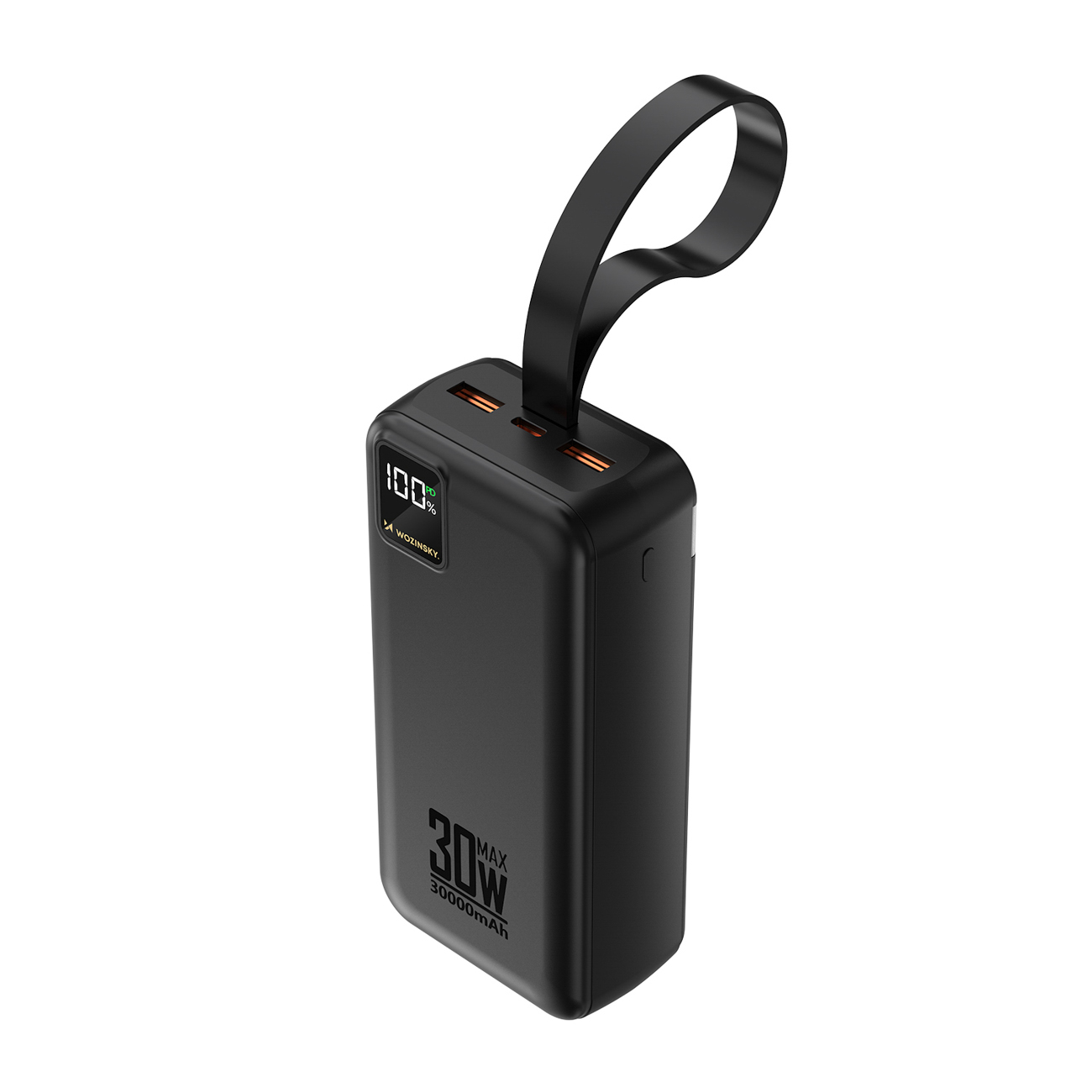 Wozinsky W8-W 30000 mAh 30W ārējais akumulators, 2x USB-A, USB-C, ar lukturīti, melns