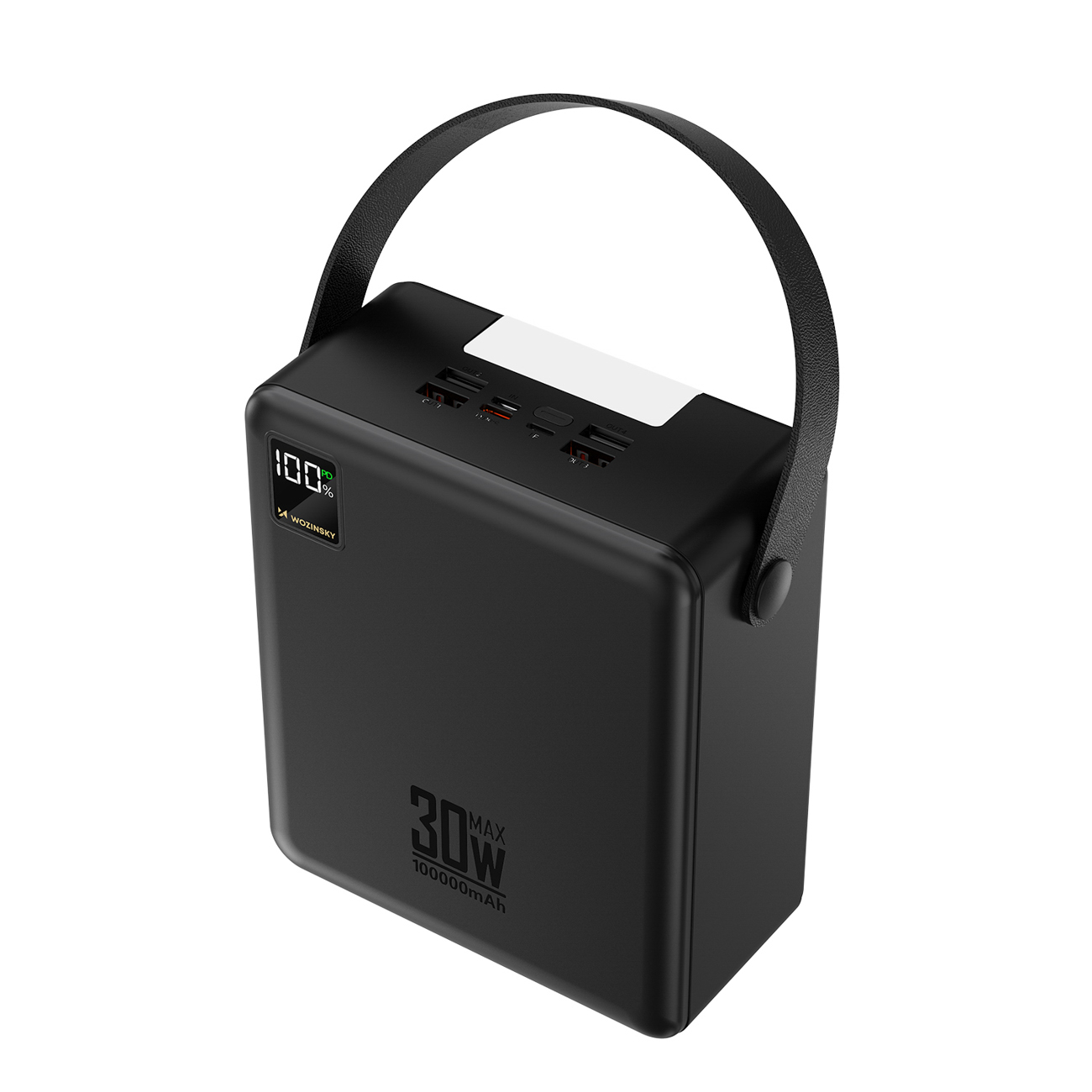 Wozinsky W8-B 100000mAh 30W ārējais akumulators, 2xUSB-A, 2xUSB-C, ar lukturīti, melns