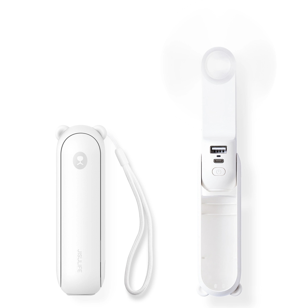 Jisulife Life8 Plus pārnēsājams rokas USB ventilators ar ārējā akumulatora funkciju un lukturīti, 4500 mAh, balts