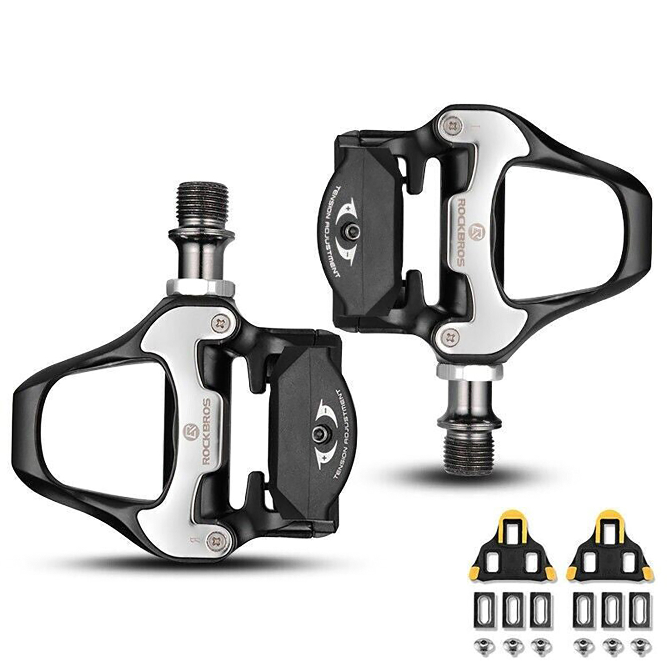 Rockbros LP-RD2BK Shimano SPD-SL šosejas pedāļi ar dzelteniem klipšiem – krāsa: melna un sudraba