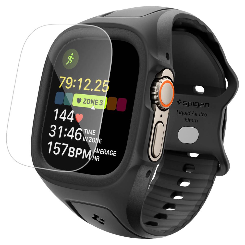Spigen Liquid Air Pro maciņš ar siksniņu un 9H rūdīts stikls Apple Watch Ultra 49 mm, melni