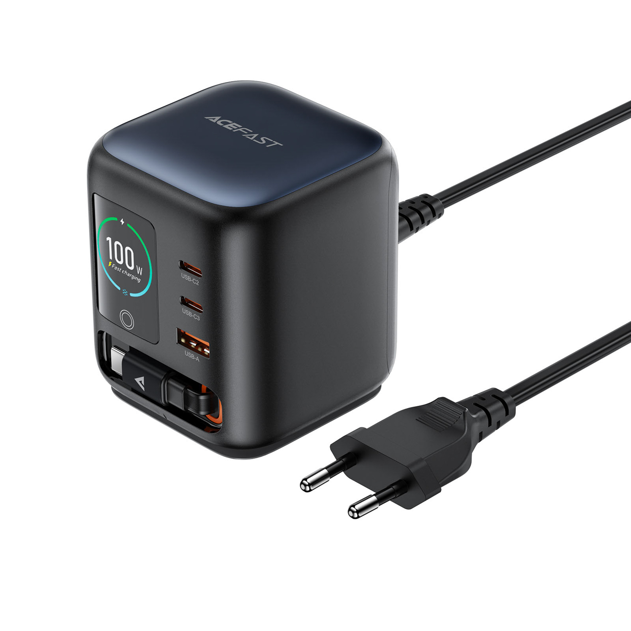 Acefast Z10 GaN 100 W 3 × USB galda lādētājs ar izvelkamu USB-C kabeli un TFT displeju, melns