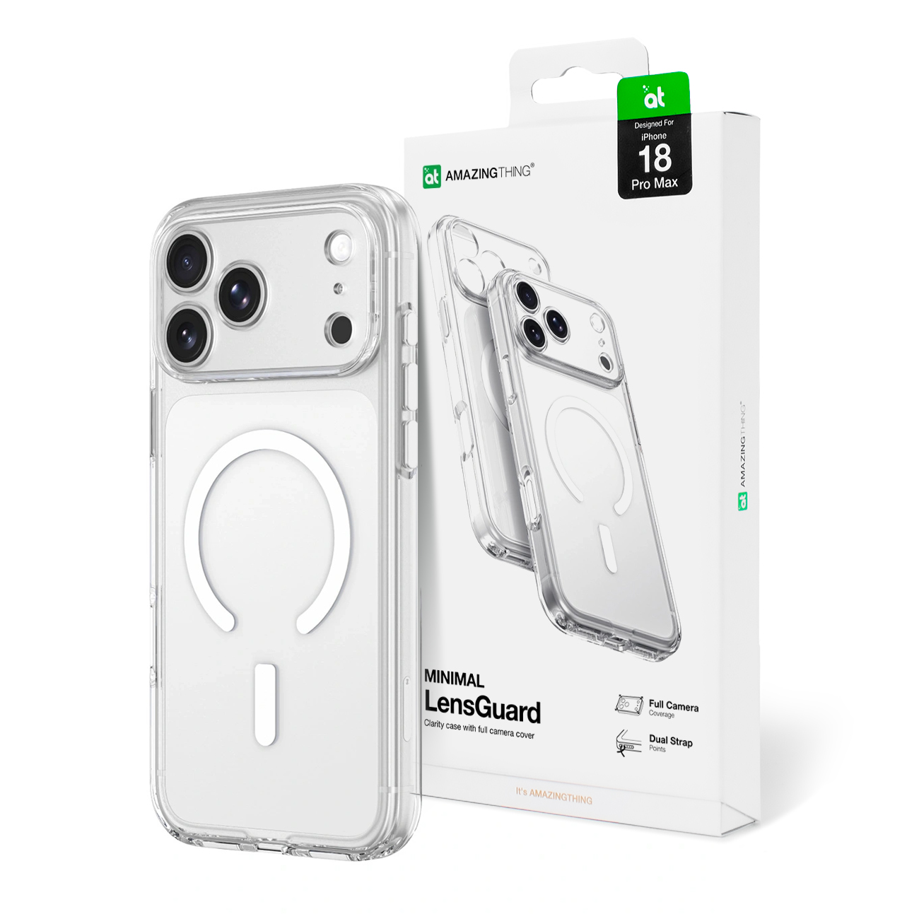 AmazingThing Minimal Mag Lens maciņš modelim iPhone 18 Pro Max, ar kameras aizsargu un siksniņas stiprinājumu, saderīgs ar MagSafe – krāsa: caurspīdīga