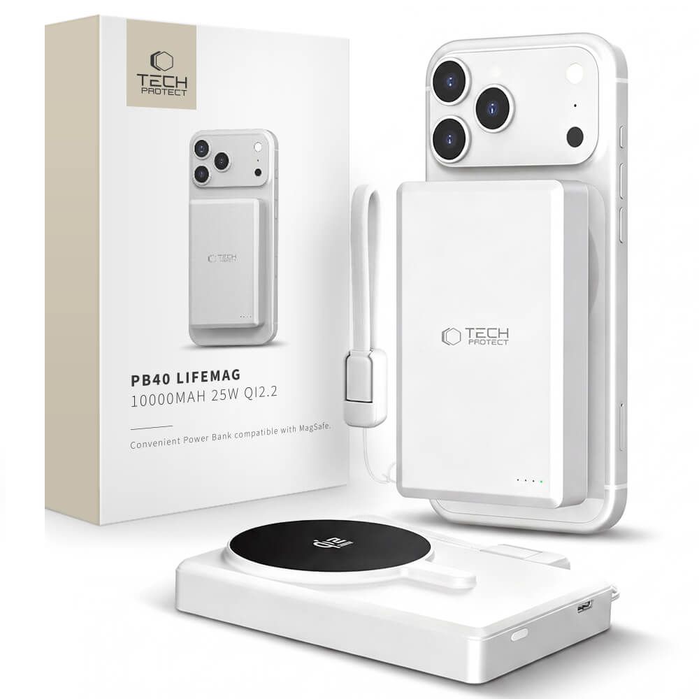 Tech-Protect PB40 LifeMag MagSafe 10000mAh 25W Qi2.2 ārējais akumulators, balts un sudraba