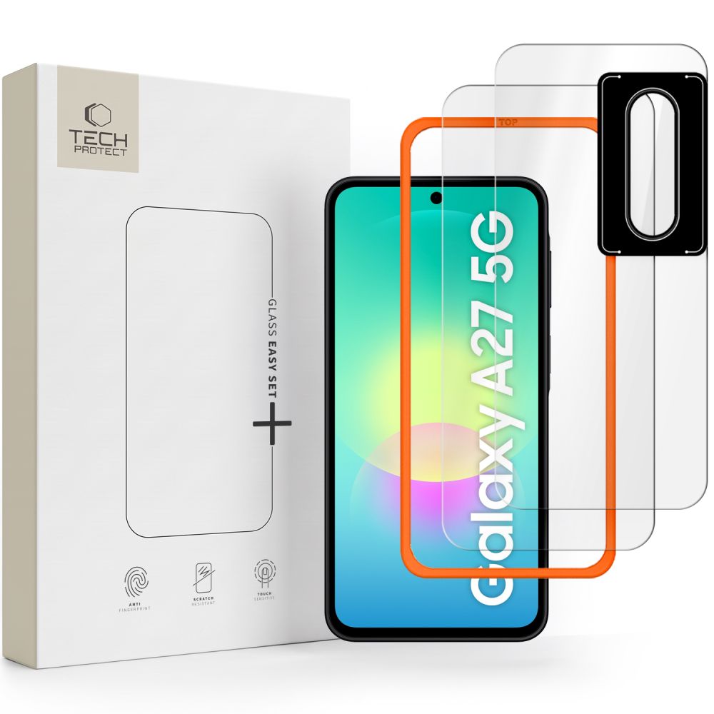 Tech-Protect Easy Set+ 2 daļu rūdīta stikla aizsargu komplekts ekrānam un kameras objektīviem modelim Samsung Galaxy A27 5G