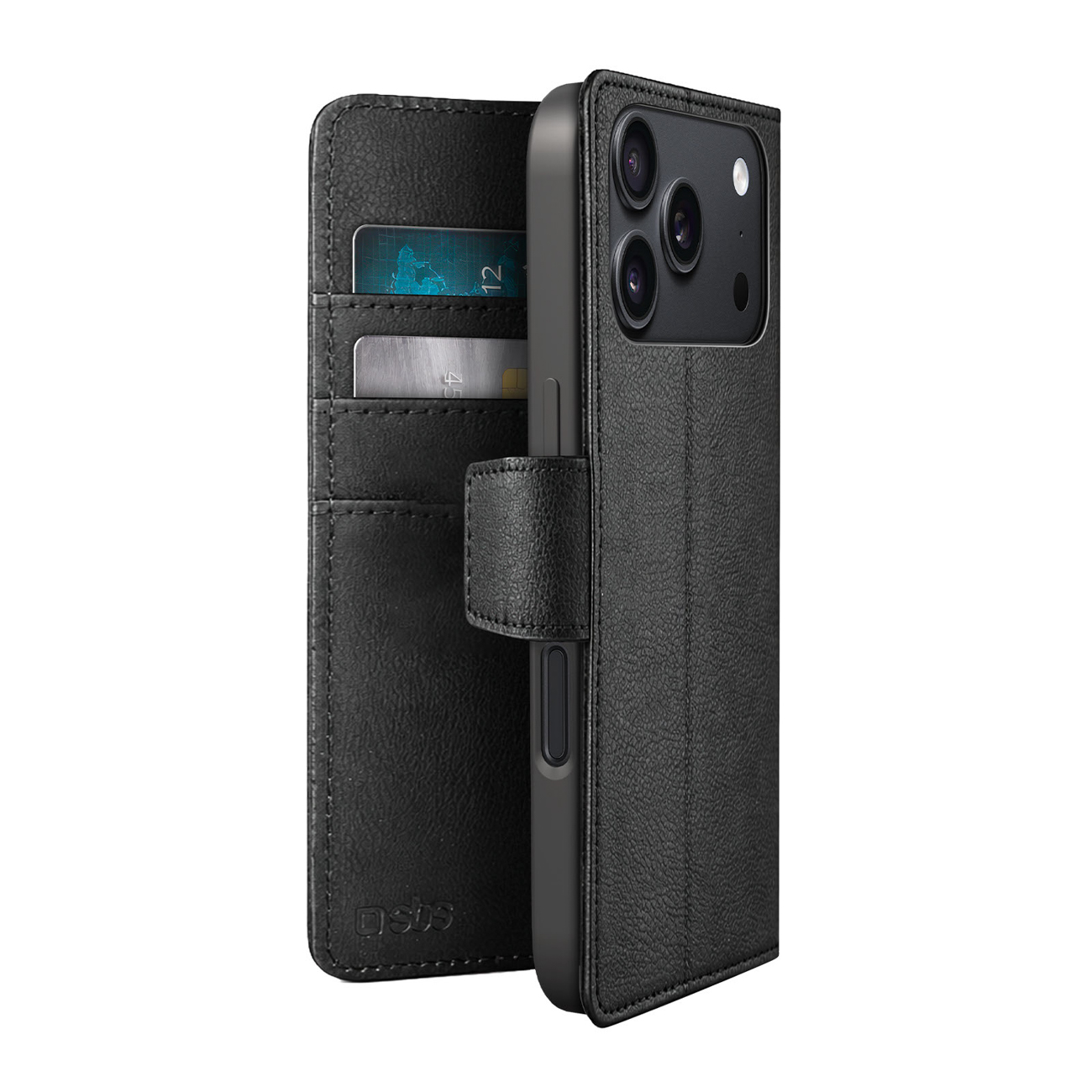 SBS Wallet Classic maciņš modelim iPhone 18 Pro Max, ar maku un statīvu – melns