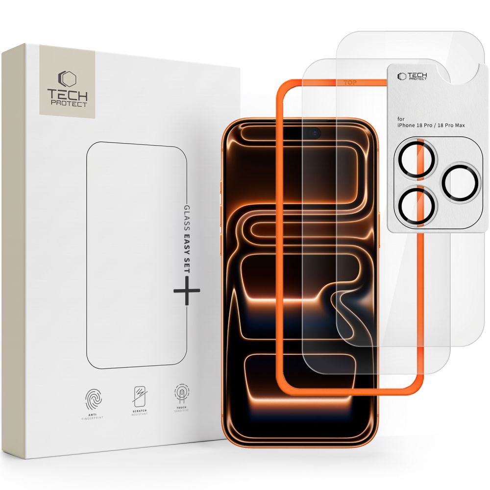 Tech-Protect Easy Set+ 2 daļu rūdīta stikla aizsargu komplekts ekrānam un kameras objektīviem modelim iPhone 18 Pro Max