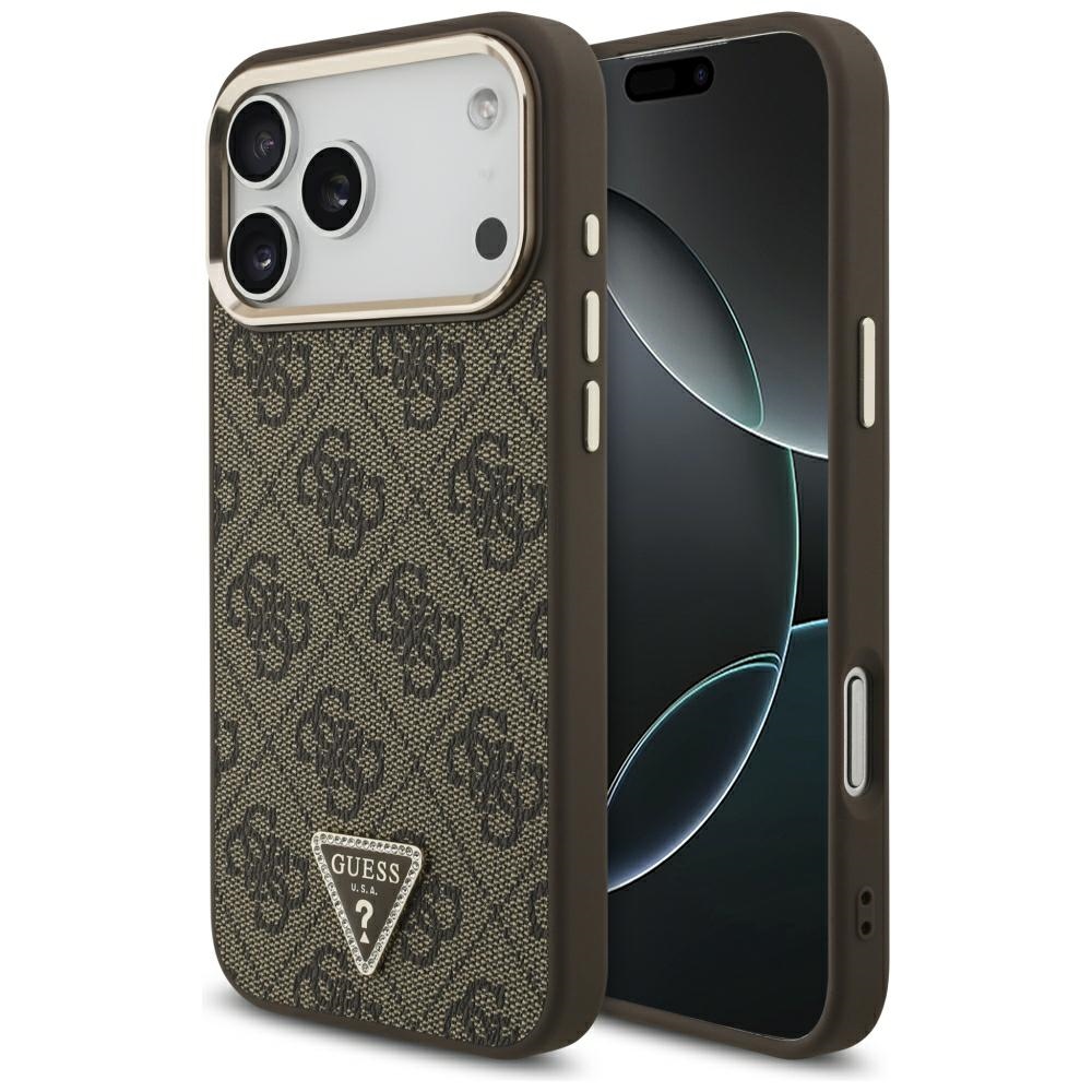 Guess PU Leather 4G Strass Triangle Logo Gold Frame MagSafe vāciņš Apple iPhone 18 Pro Max, brūns