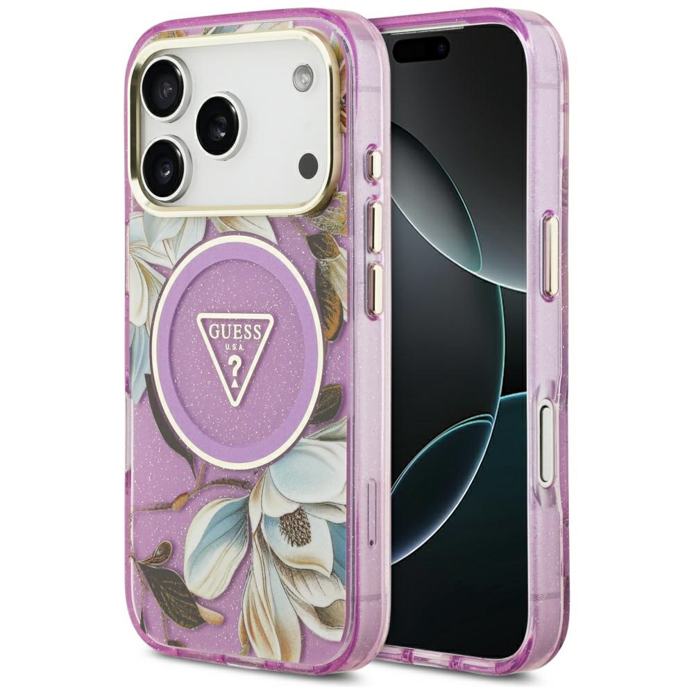 Guess IML Glitter Flowers Triangle MagSafe maciņš modelim iPhone 17 Pro / 18 Pro – violets