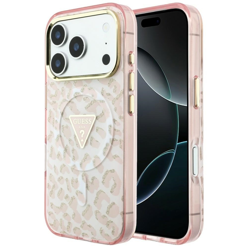 Guess IML Leopard Glitter Triangle Logo MagSafe maciņš modelim iPhone 17 Pro Max / 18 Pro Max – krāsa: rozā
