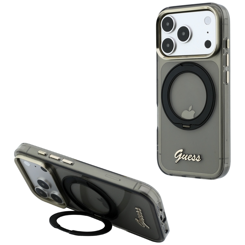 Guess IML Ring Stand 360 Script Metal Logo MagSafe maciņš modelim iPhone 17 Pro / 18 Pro – melns